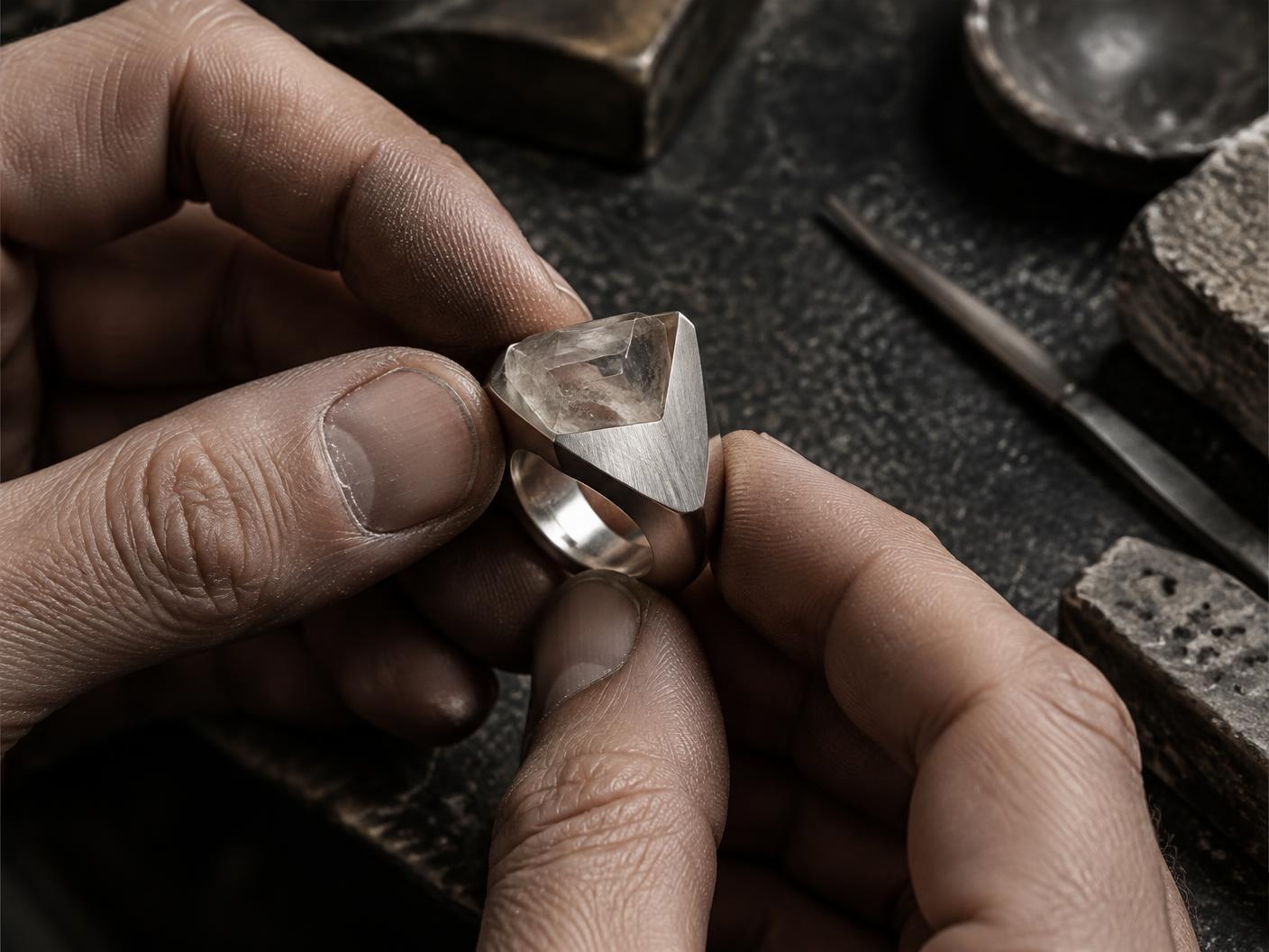 Artisan hands shaping a silver ring around clear quartz