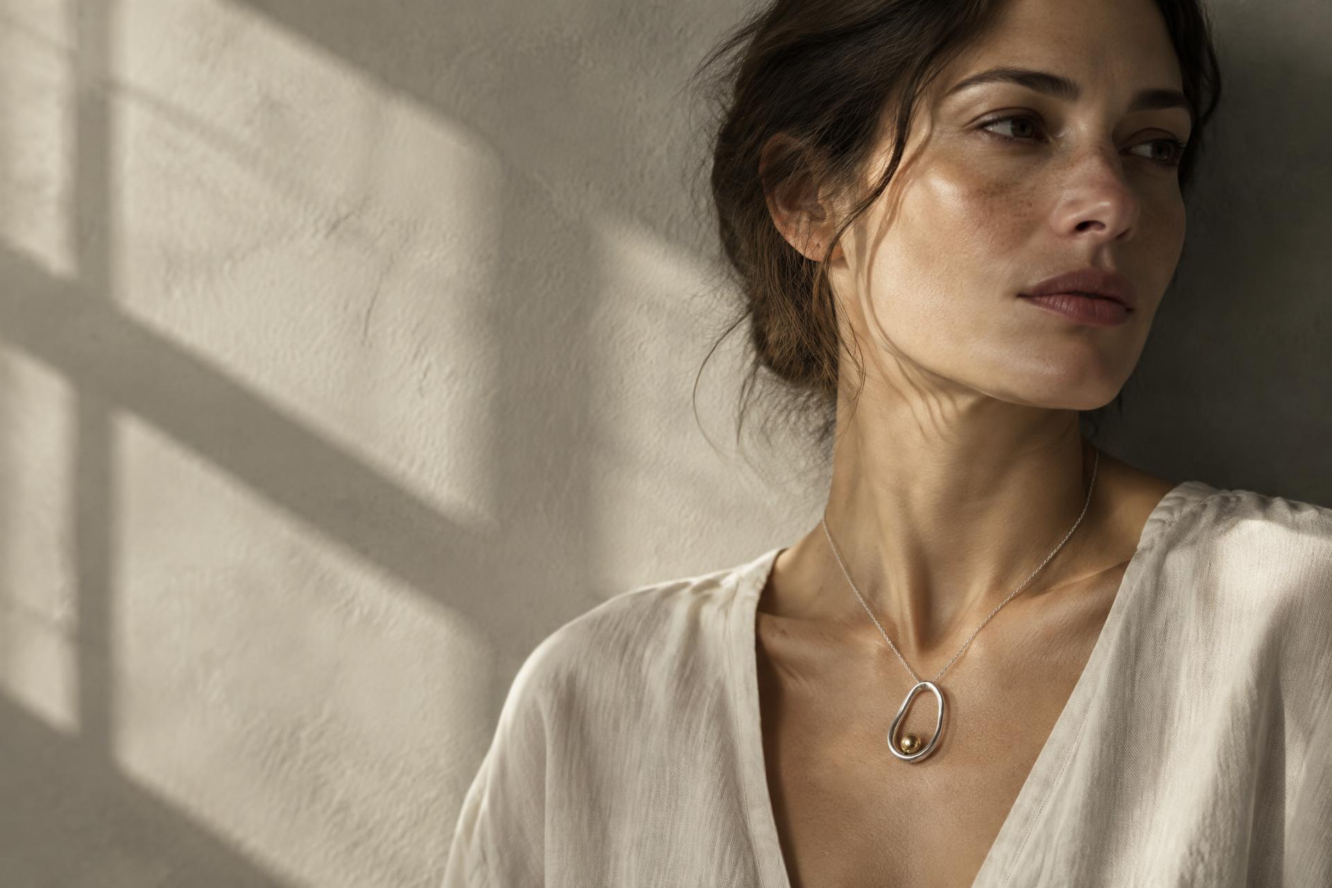 Woman wearing a sculptural MOSOQ pendant in warm window light